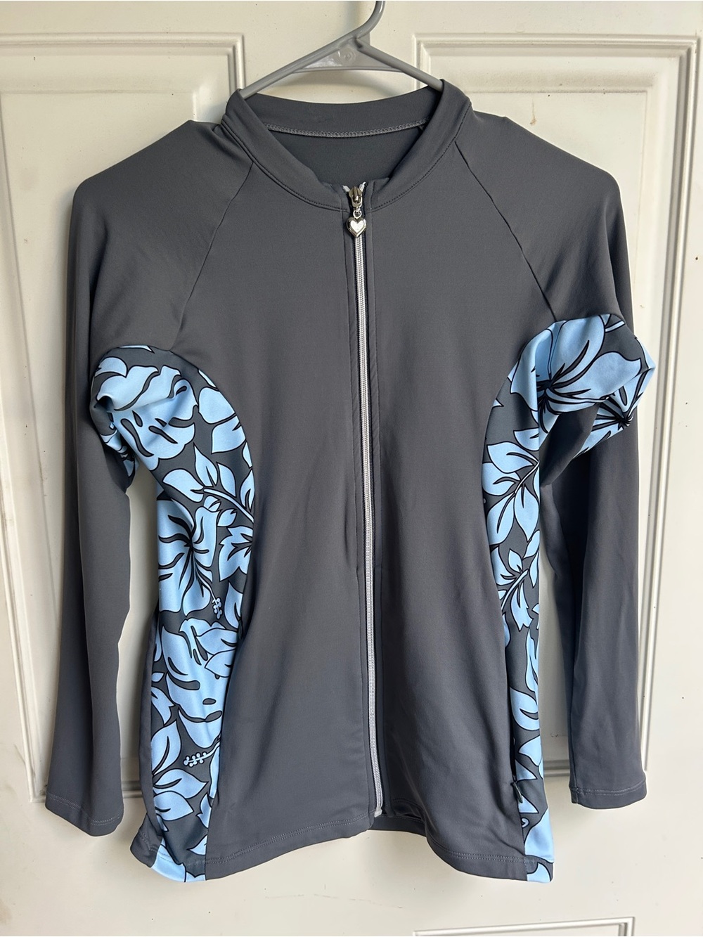 Gray Zip-Up Rash Guard with Light Blue Floral Panels